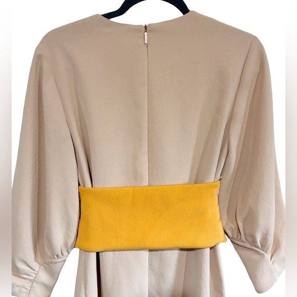 Tibi Shirred Sleeve Corset Waist Shift Dress Yellow and Tan Belted - Picture 8 of 13